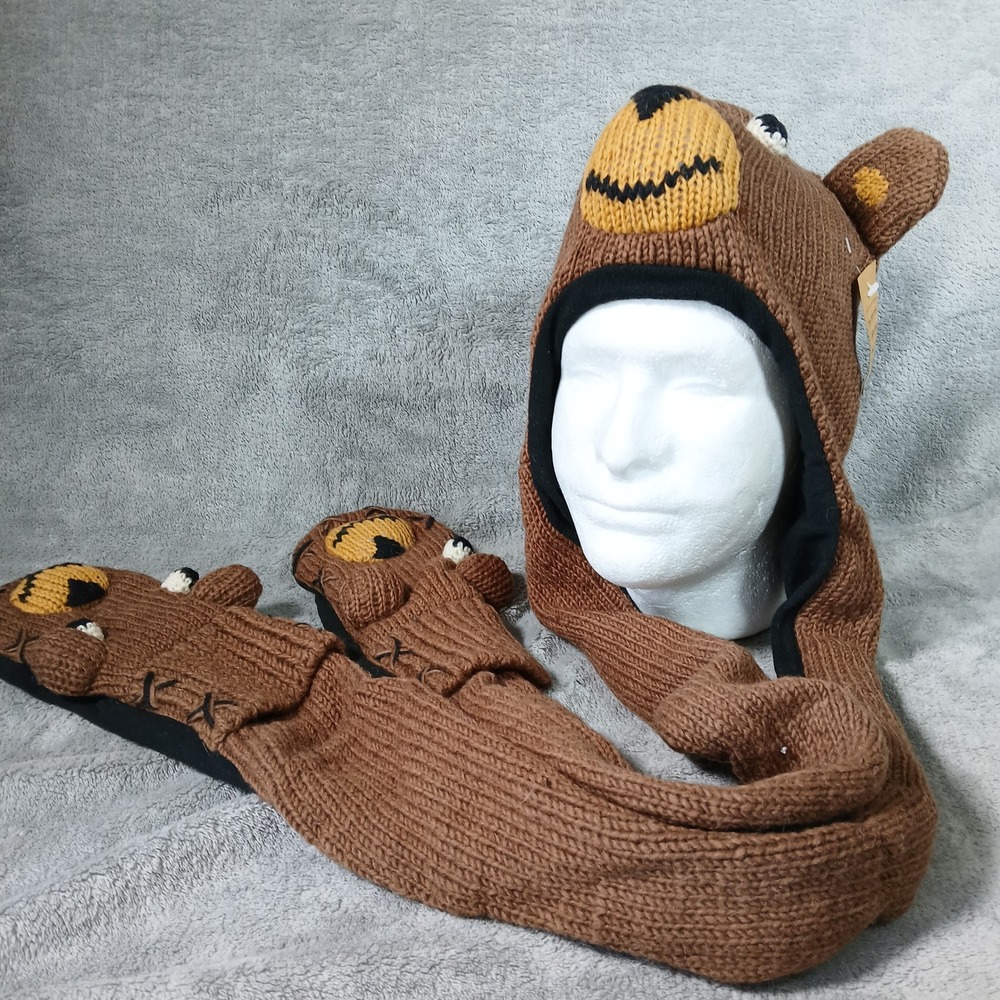 Samkhang Hooded Scarf Mittens Unisex OS Brown Bear 100% Wool Handmade Nepal NEW